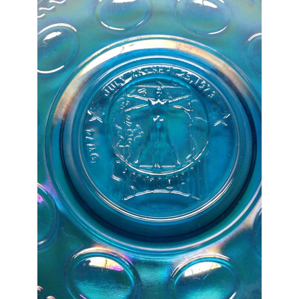 Carnival Glass Blue Spacelab II Space Age Embossed Plate Wheaton Glass NASA 1974